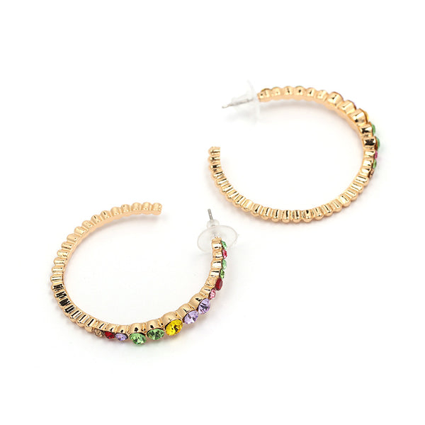 Partial Alloy Gold Rhinestone Hoop Earrings