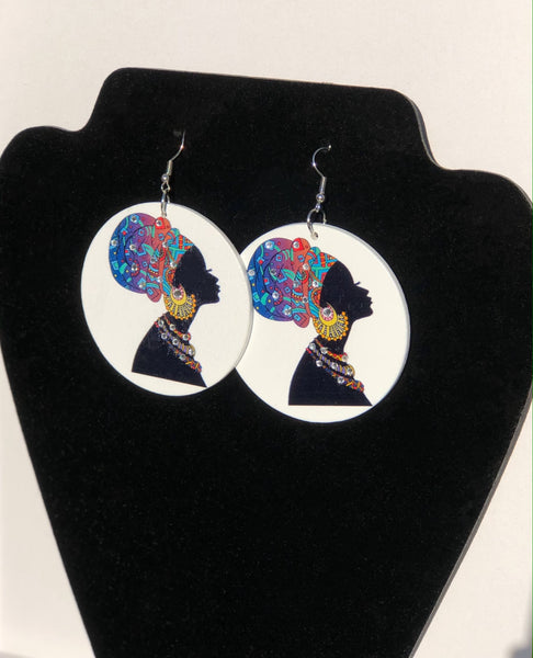 Vivid Woman's Side Profile Silhouette With Head Wrap Earrings