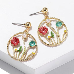 Round Metal Openwork Flower Pearl Earrings