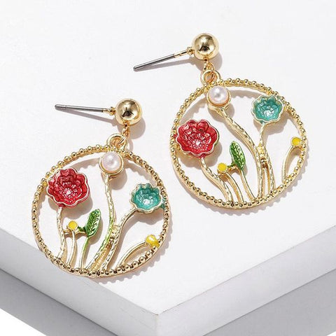 Round Metal Openwork Flower Pearl Earrings